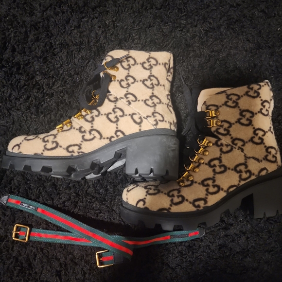 Gucci Shoes - Monogram Women's Beige and Black Combat Boots